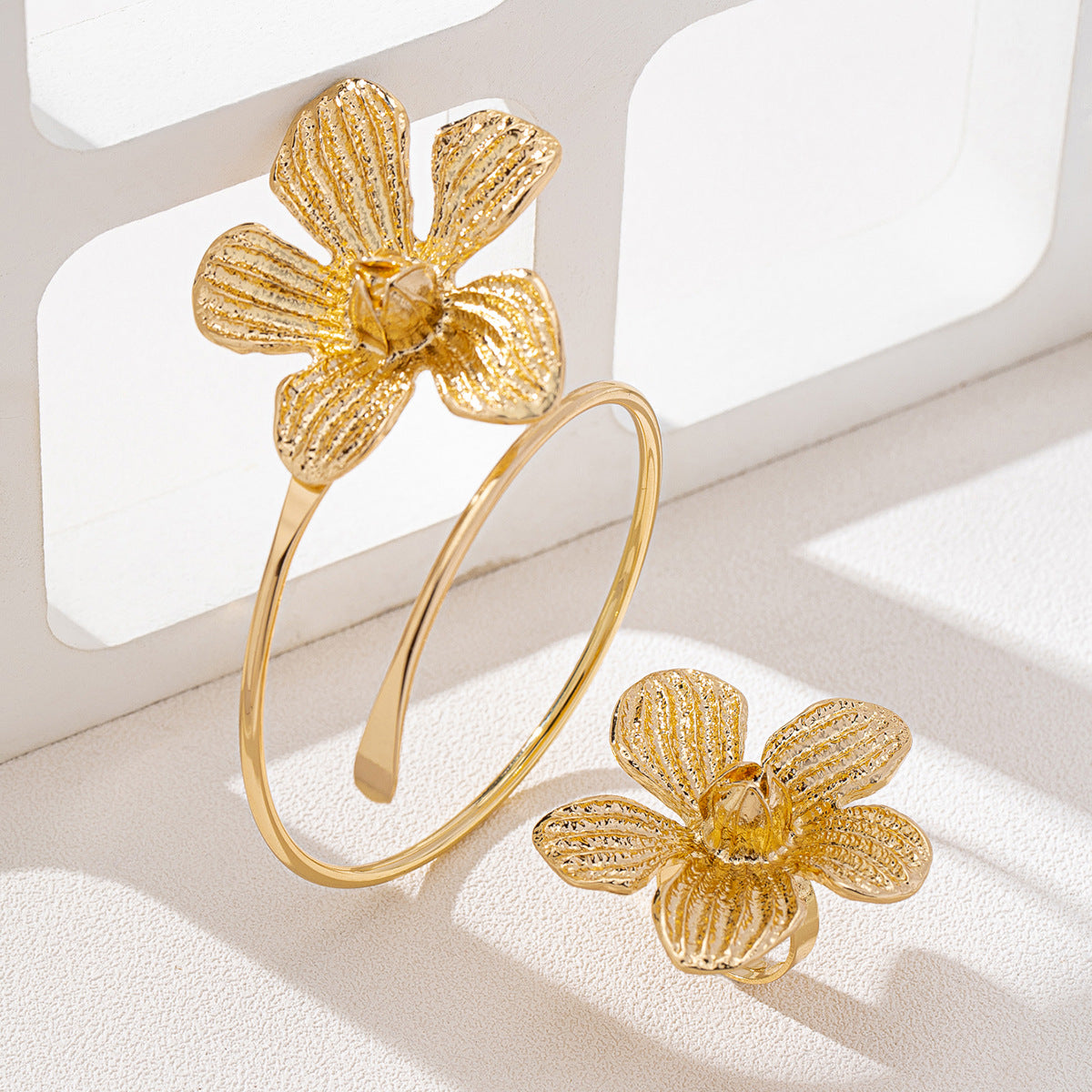 Metal Stud Flower Bracelet and Ring Set for Women by Planderful