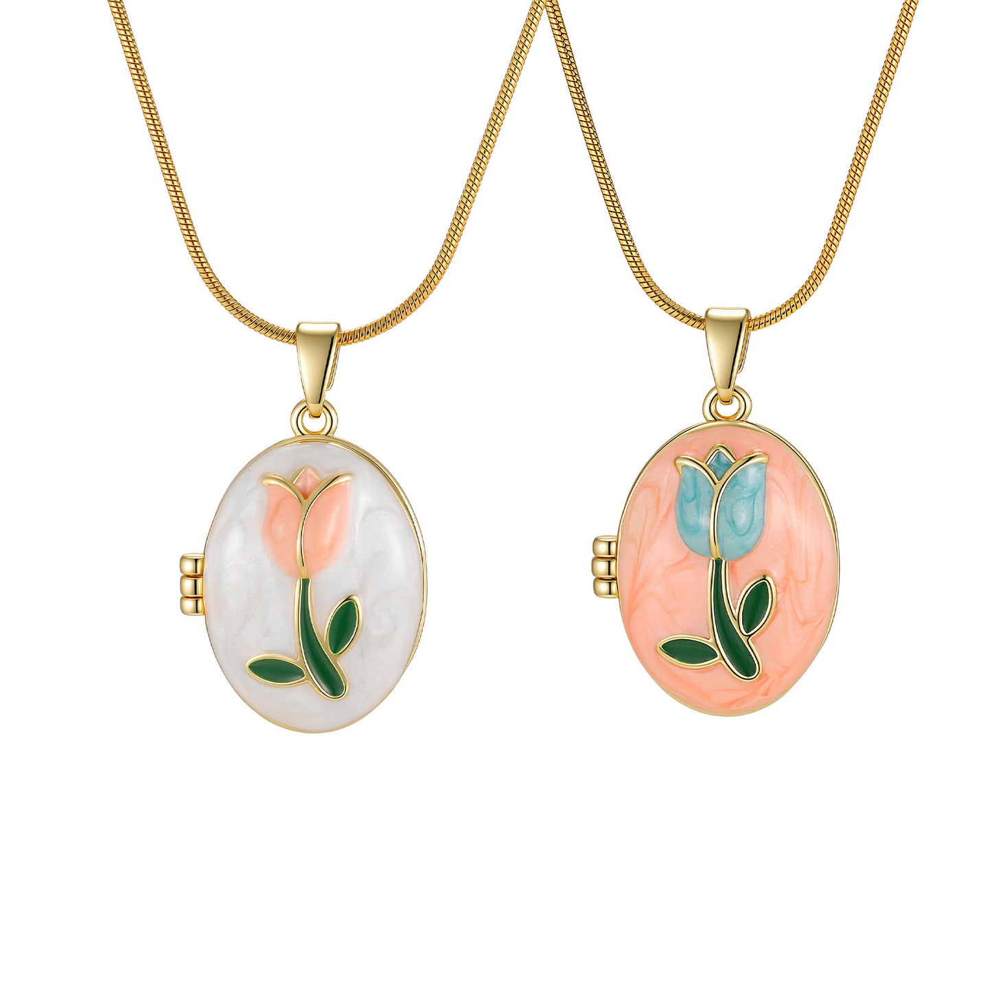Pink & Blue Oil Drop Flower Photo Box Necklace Copper Material Can Be Opened & Closed