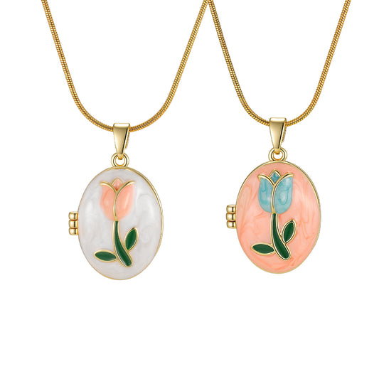 Pink & Blue Oil Drop Flower Photo Box Necklace Copper Material Can Be Opened & Closed