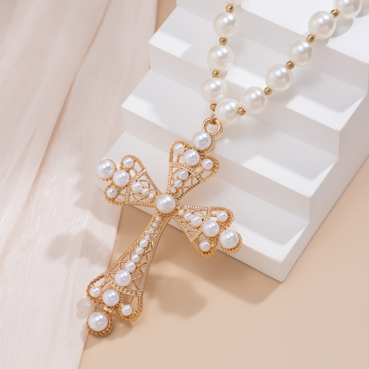 Cyber Cross & Bead Layered Necklace