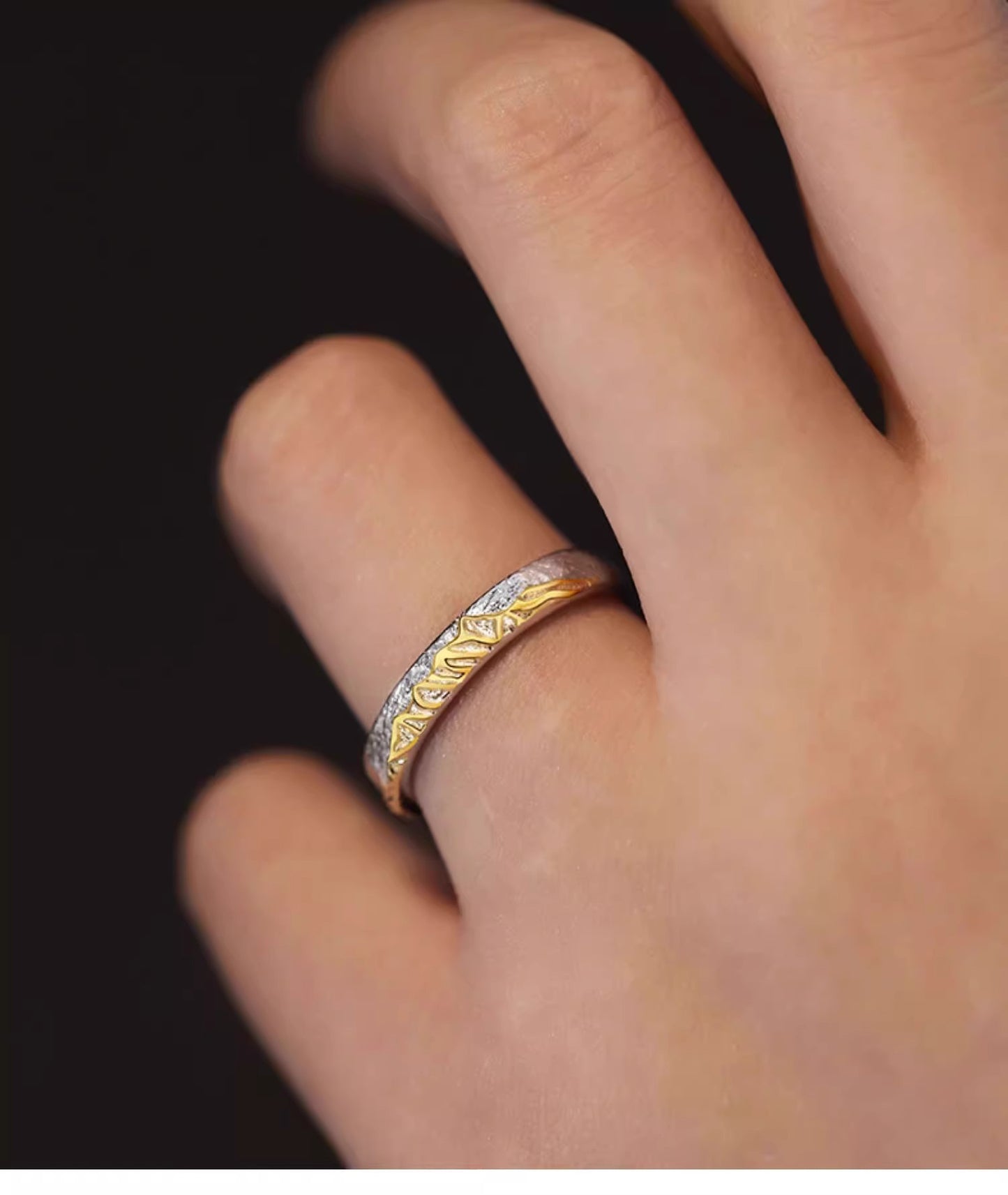 Planderful Sterling Silver Couple Ring 925 Adjustable Open Band With Golden Mountain Design For Her Gift