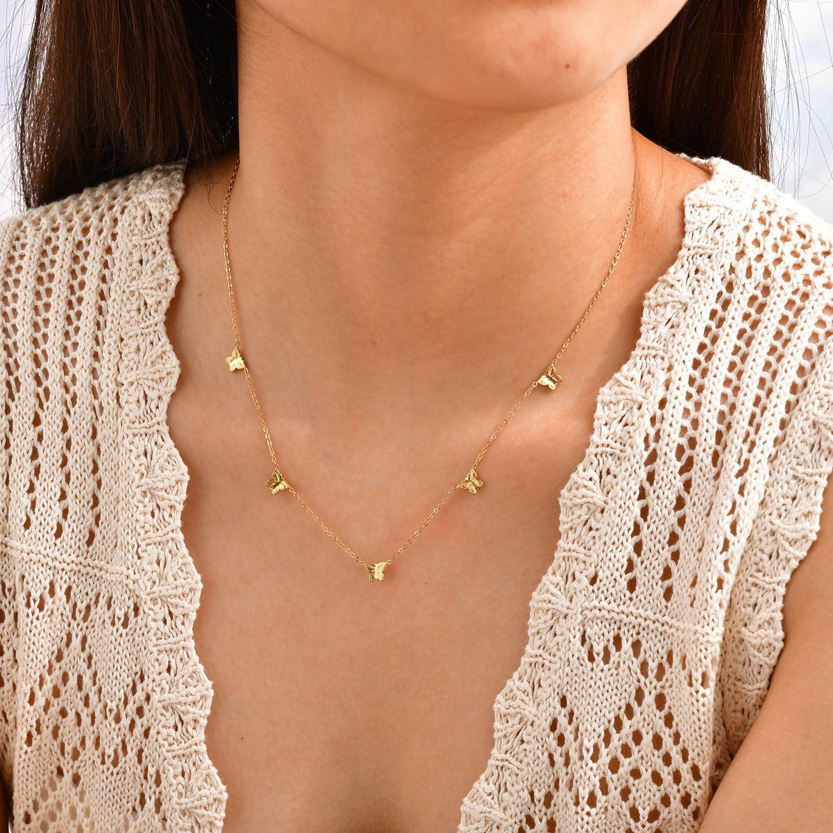 Wind Stainless Steel Girl Sweet Delicate Collarbone Chain Flower Butterfly Heart Necklace