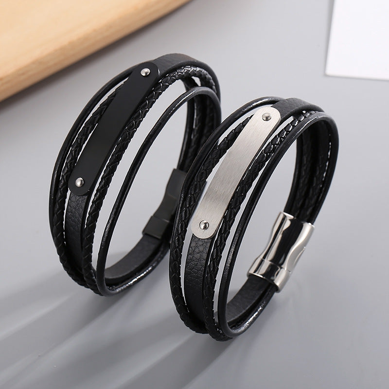 Planderful Leather Bracelet MultiLayer Mens Stainless