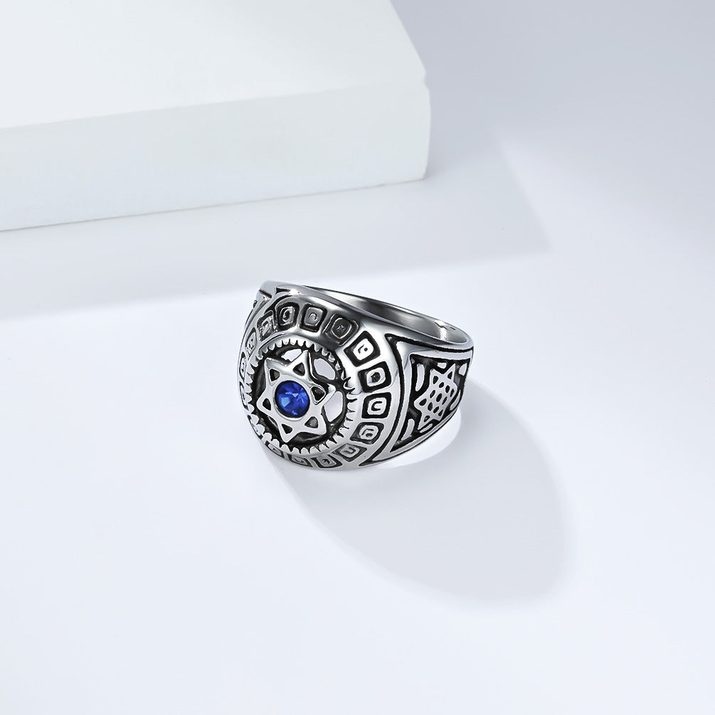 Planderful Everyday Genie Hexagram Davids Star Zircon Ring For Men Unisex Titanium Steel Statement Jewelry