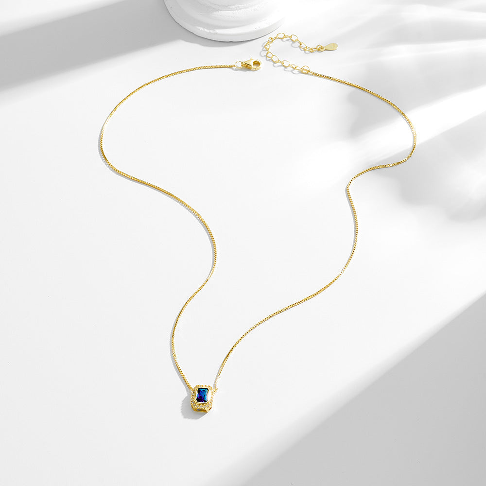 Planderful S925 Sterling Silver Necklace With Blue Zircon Square Pendant For Women Elegant Light Luxury Collarbone Chain