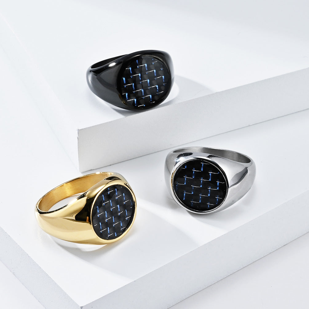 Planderful Carbon Fiber Inlaid Steel Ring For Men With Luxury Geometric Round Design Everyday Genie Collection