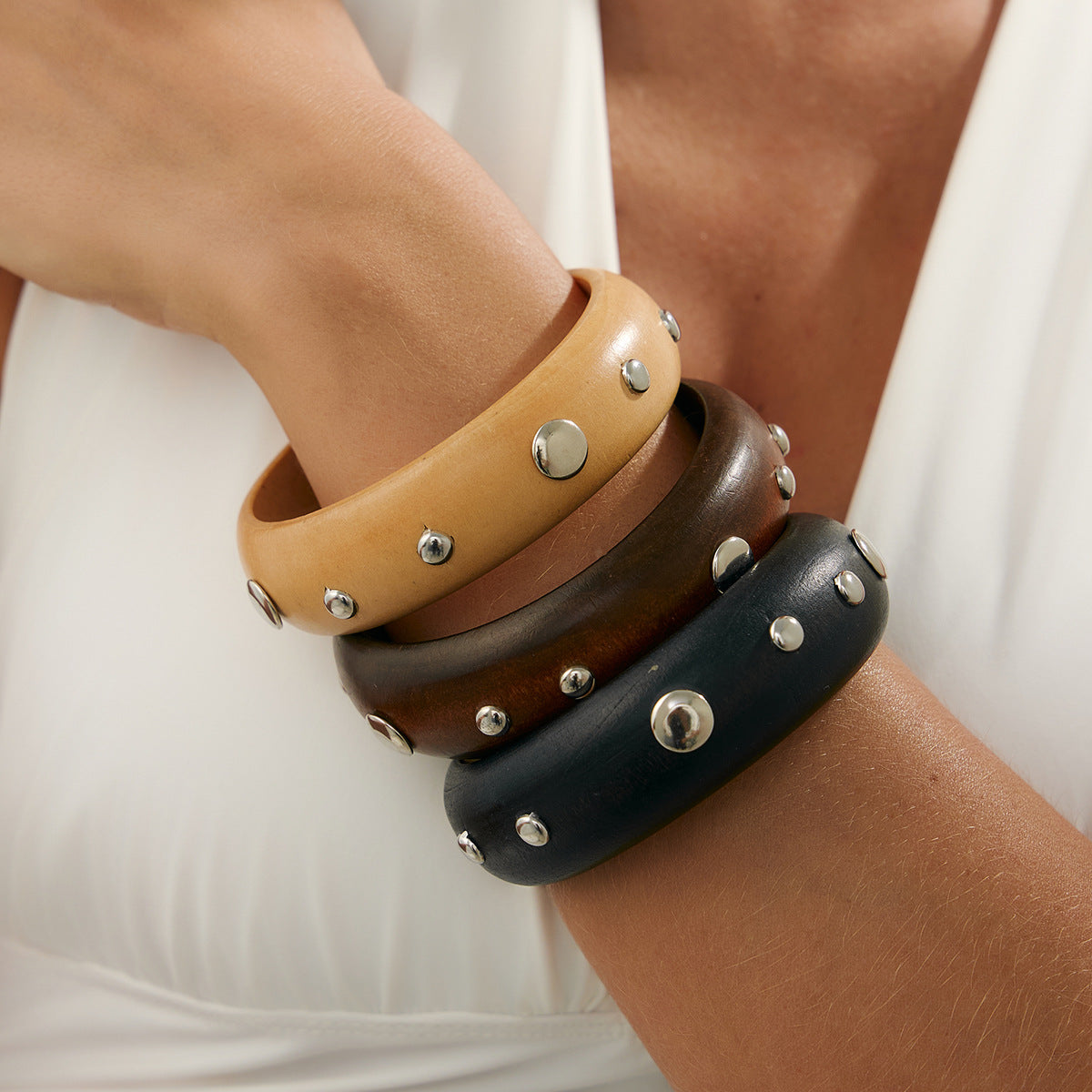 Cold And Exaggerated National Style Wooden Wide Bracelet Star Geometric Rivet Bracelet