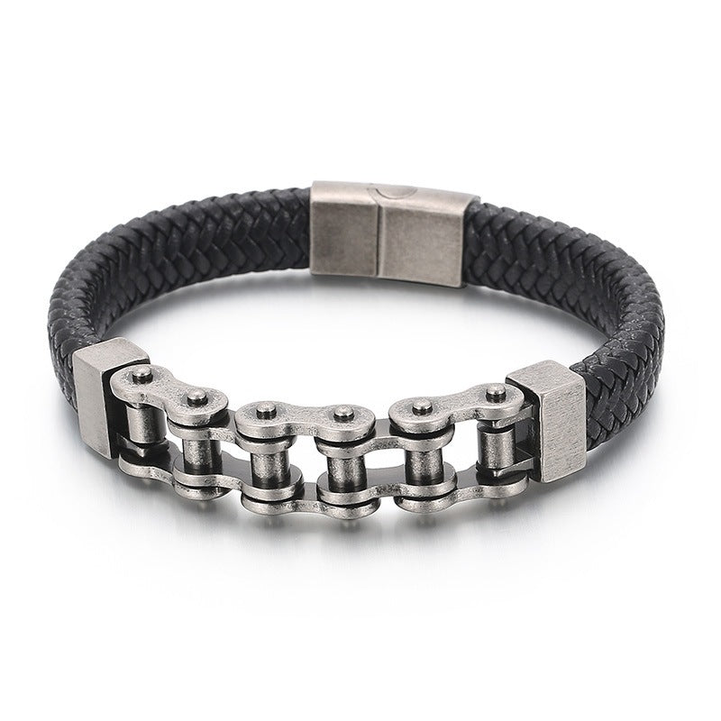 Locomotive Style Woven Leather Rope Men's Bracelet – Man Magnetic Buckle Bicycle Chain