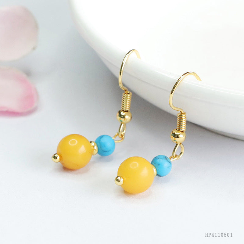 Yellow Beeswax Amber Bead Drop Earrings