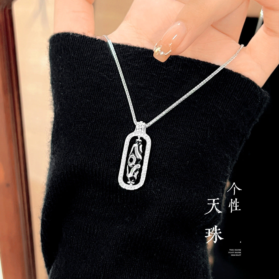 National Style Ancient Dzi Bead Necklace Women's S925 Sterling Silver Clavicle Chain