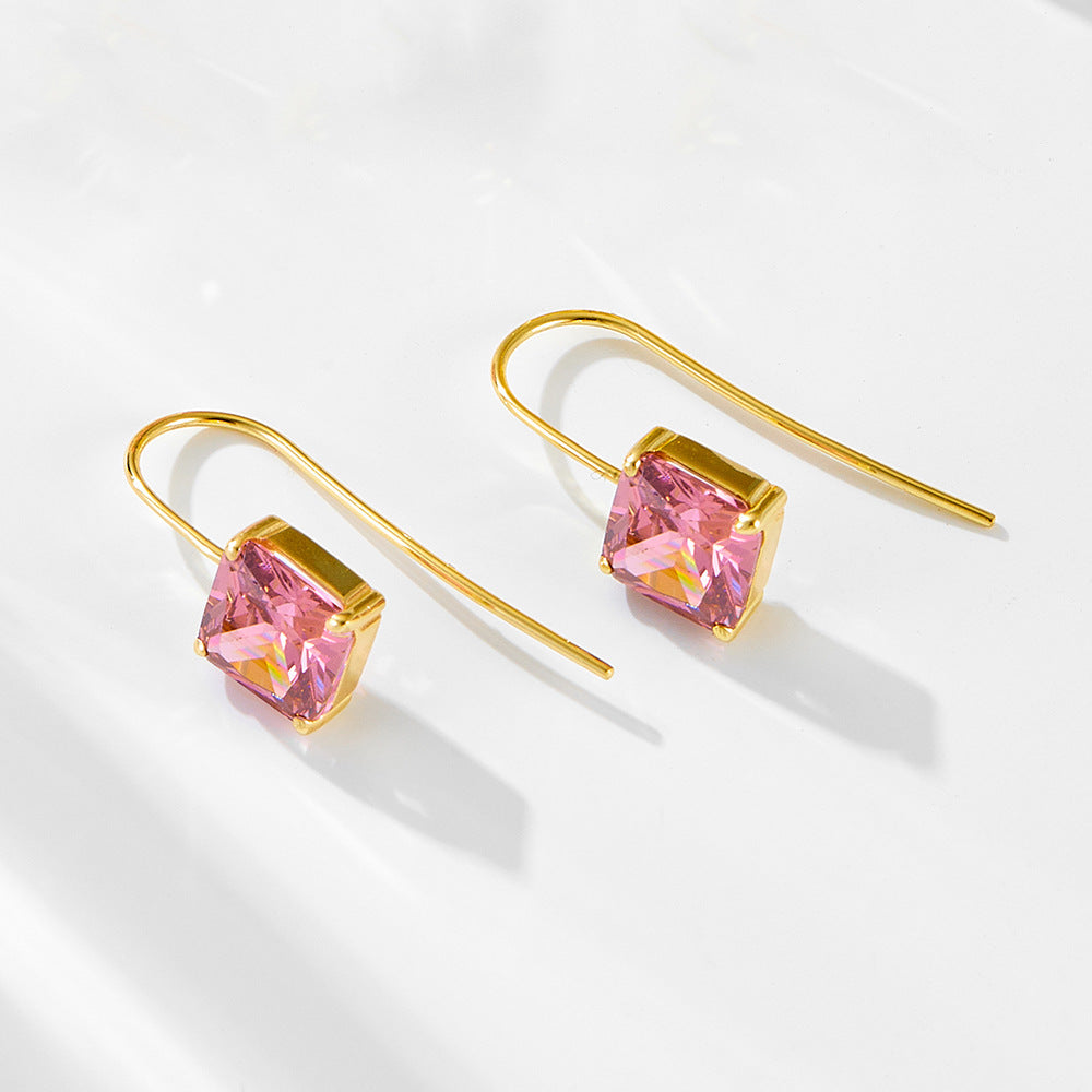 Retro Color Square Zircon Ear Hook Earrings Classic Sterling Silver Earrings