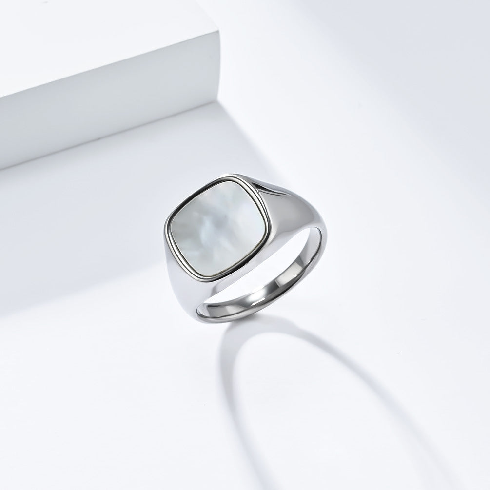 Planderful Titanium Steel Ring Unisex Square Seal With Shell Inlay Light Luxury Fashion Jewelry