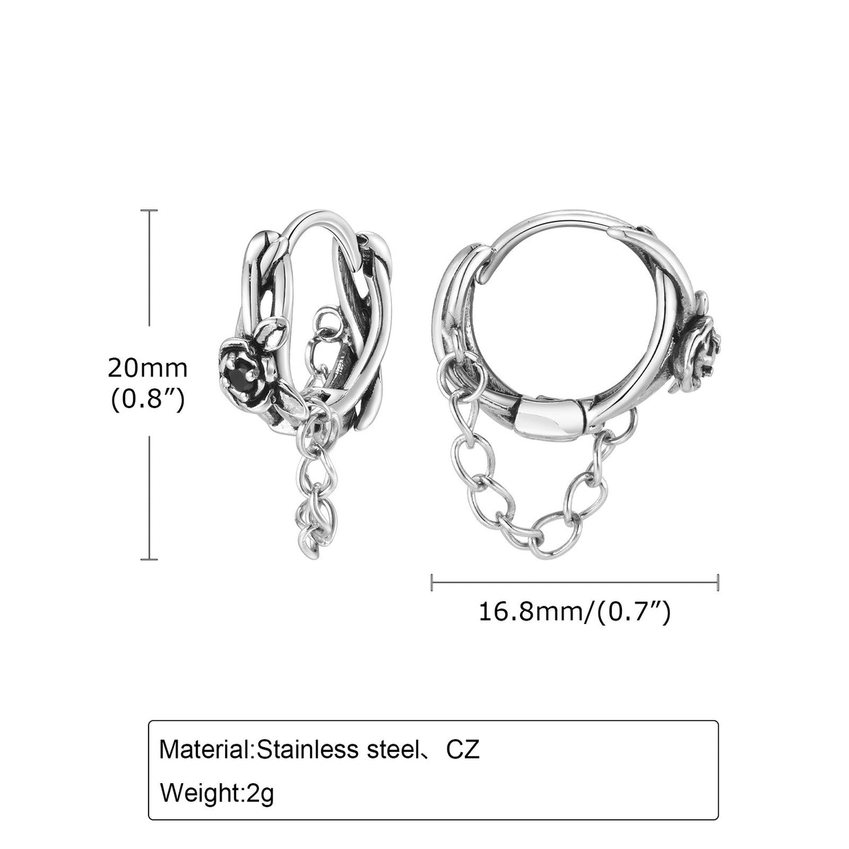 Rose & Chain Hoop Earring — Silver Single