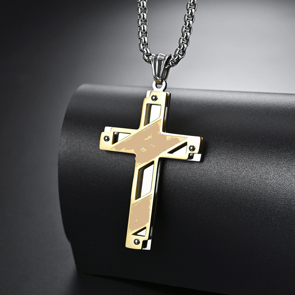 Geometric Two-Tone Cross Pendant Necklace