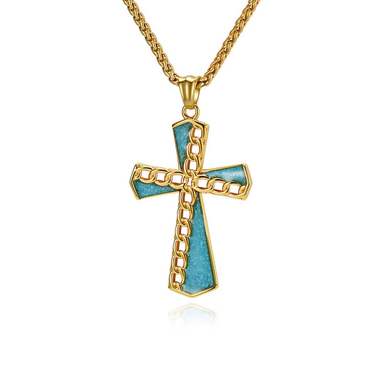 Planderful Turquoise Cross Necklace Unisex Everyday Genie Steel Titanium Non Fading Pendant