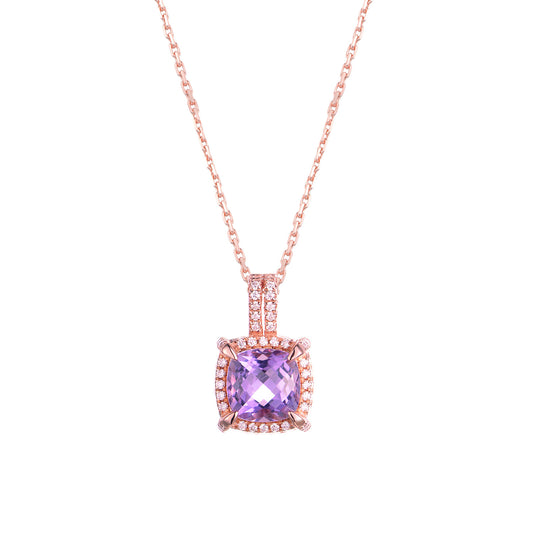 Soleste Halo Square Natural Amethyst Silver Necklace