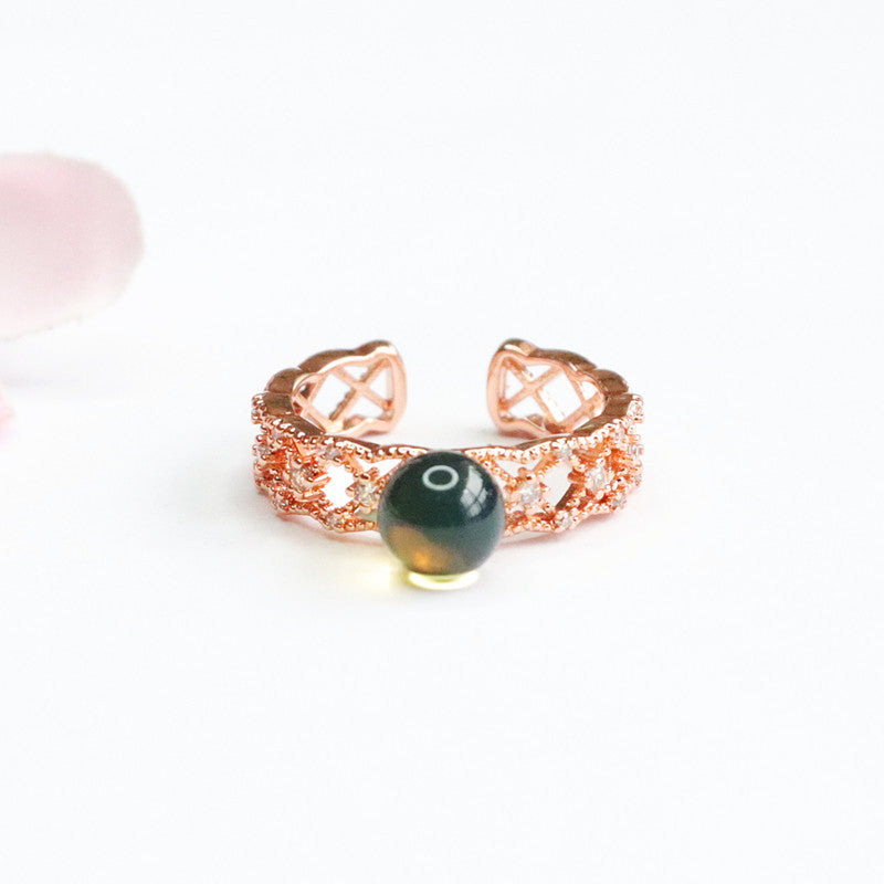 Mesh Blue Amber Round Bead Sterling Silver Ring-Jewelry Piece