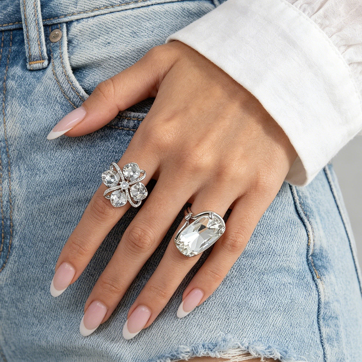 Planderful Square Zircon Ring With Exaggerated Four Leaf Inlay Bold Statement Jewelry For Fashion Forward Women
