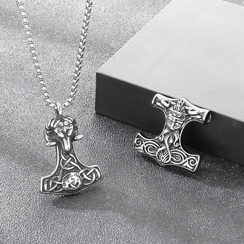 Nordic Viking Thor'S Hammer Odin Pendant, Vintage Celtic Knot Sheephead Stainless Steel Men's Necklace