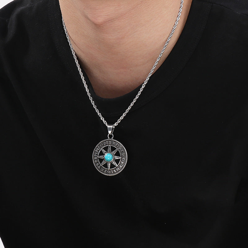 Planderful Nordic Viking Pendant for Men Turquoise Octagram