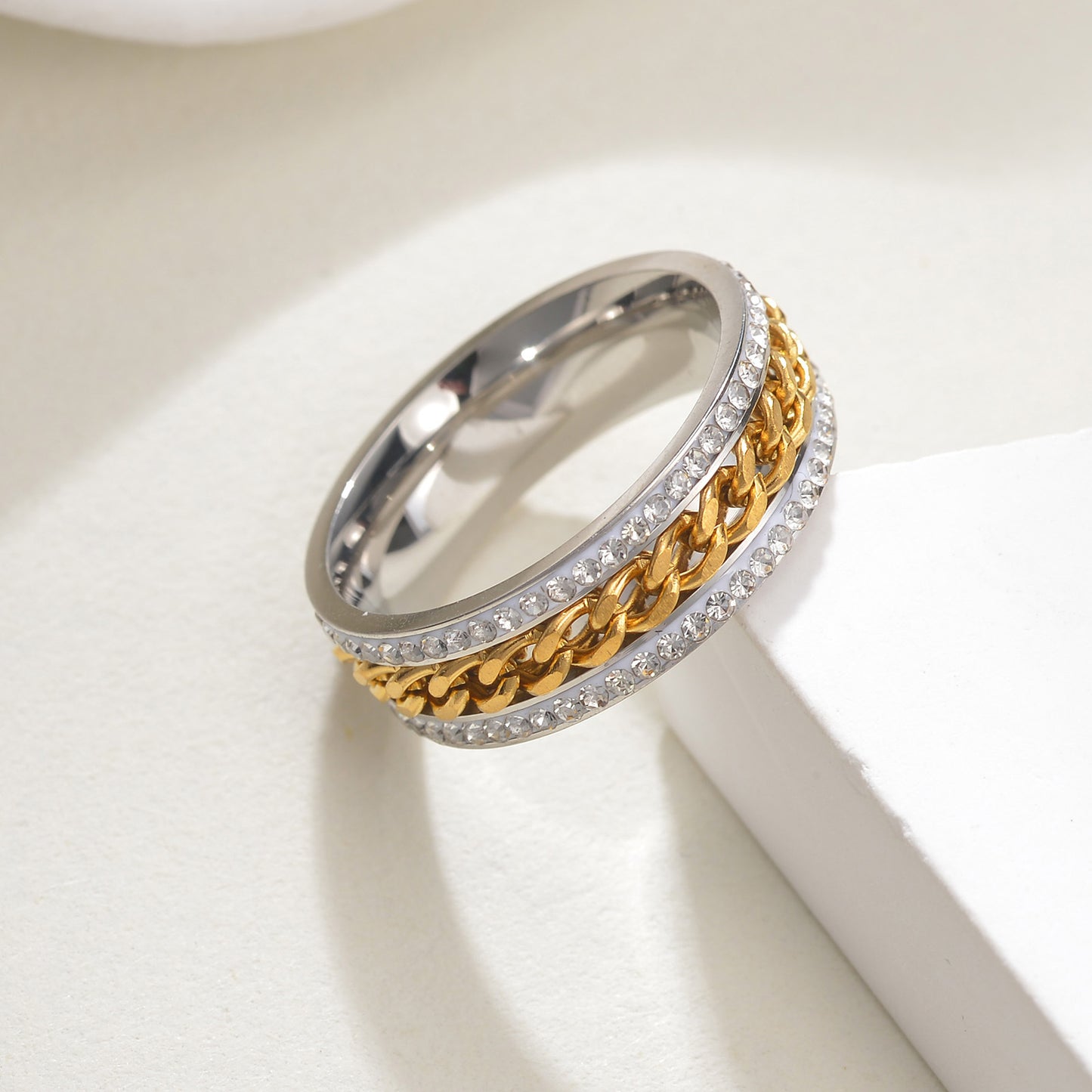 Planderful Everyday Genie Stainless Steel Rotatable Chain Double Row Zircon Couple Ring For Unisex