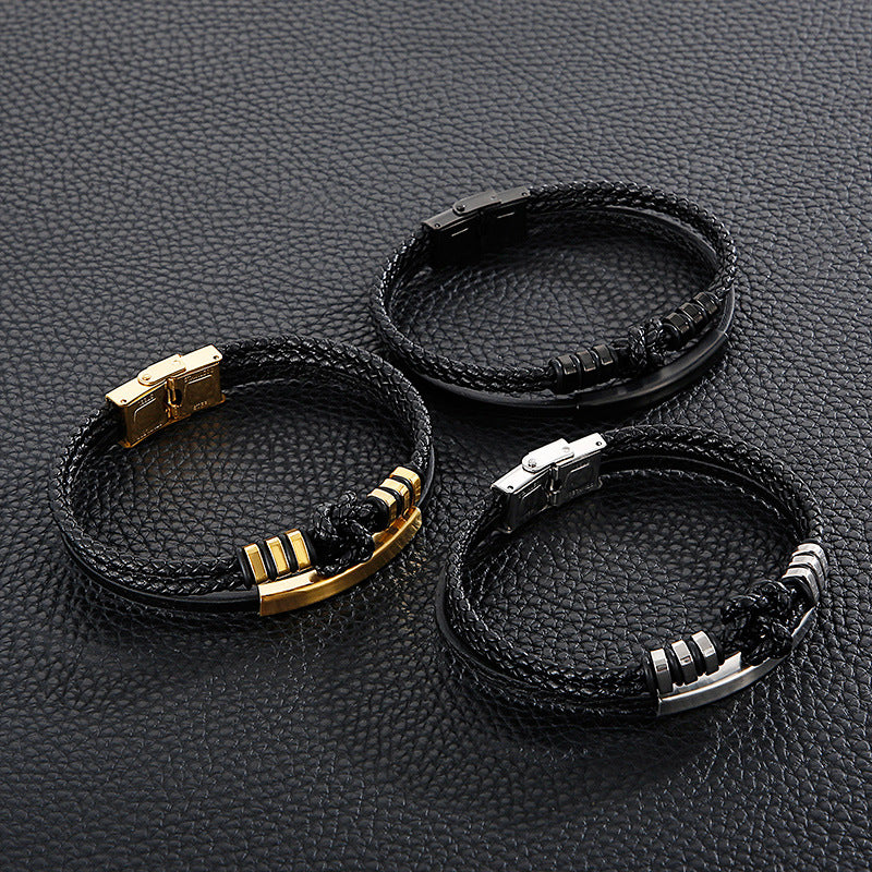 Planderful Handwoven Mens Leather Rope Bracelet Stainless