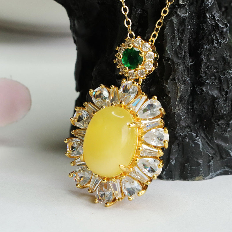 Sunflower Amber Zircon Pendant with Sterling Silver Chain - Women's Jewelry