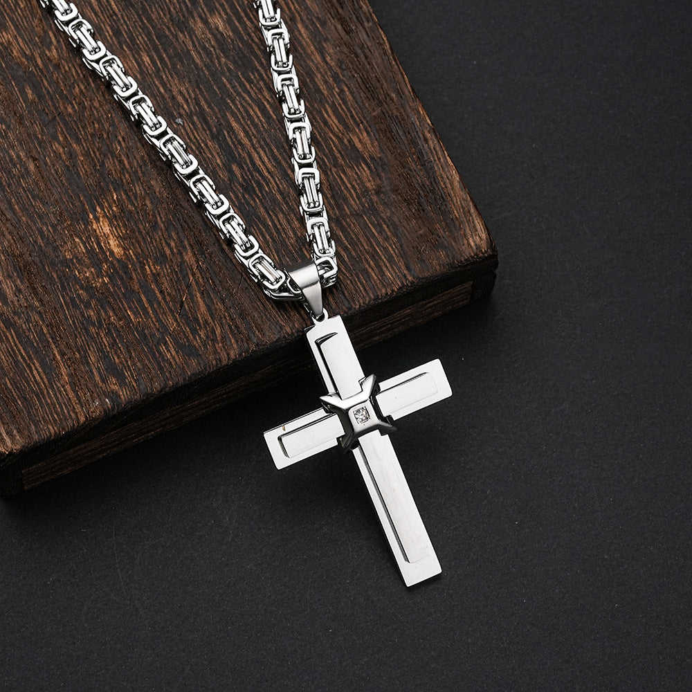 Mens 3D Cross Necklace Stainless Steel Zircon Inlay European American Fashion Retro Style By Planderful Everyday Genie