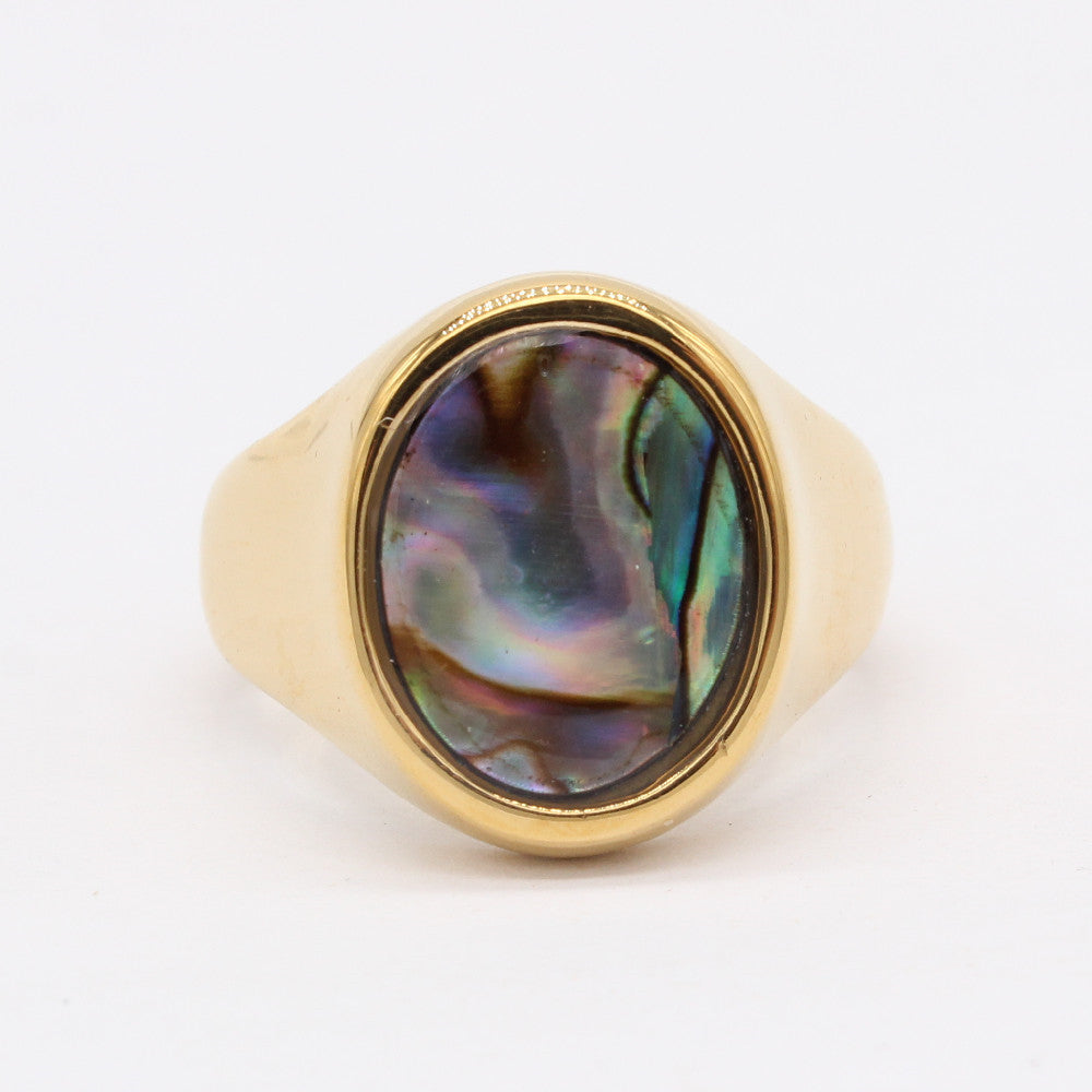 Planderful Gold Plated Titanium Steel Ring Unisex Oval Shell Design For Men And Women