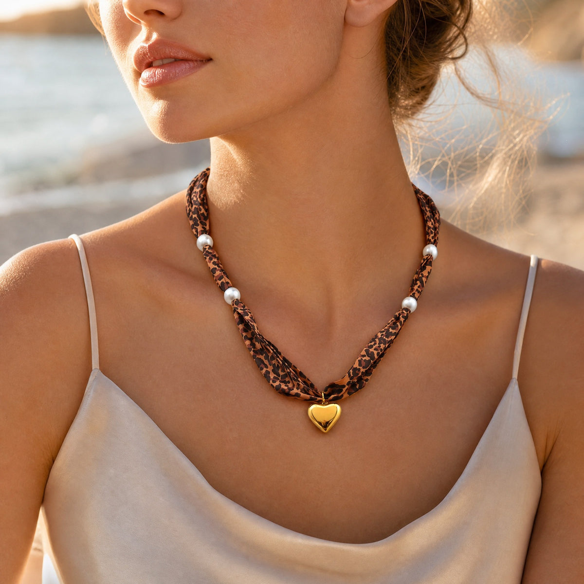 Maillard Leopard Print Silk Scarf Women's Stainless Steel Imitation Pearl Sunflower Design Necklace