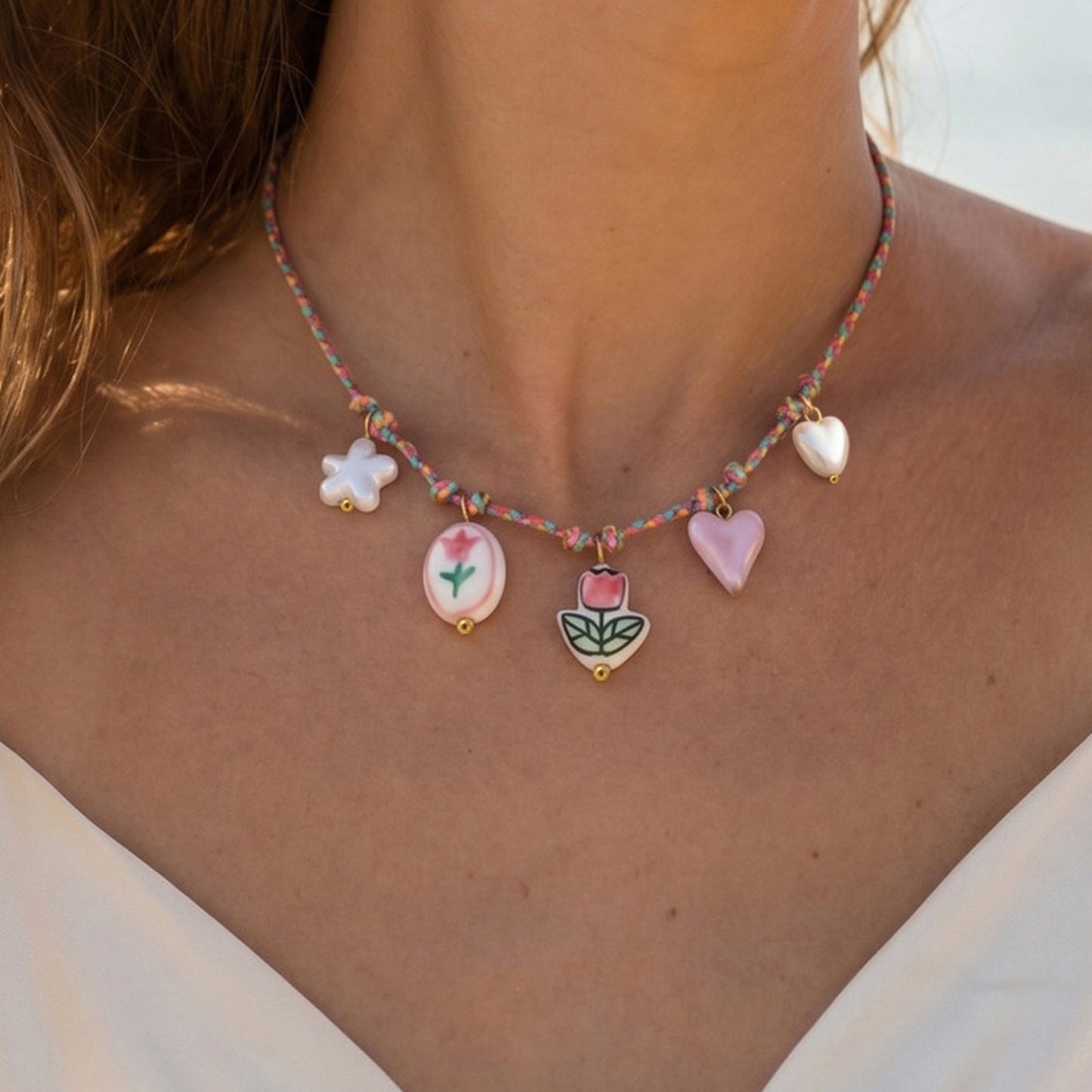 Dopamine Necklace Stainless Steel Ceramic Flower Heart Shaped Imitation Pearl Braided