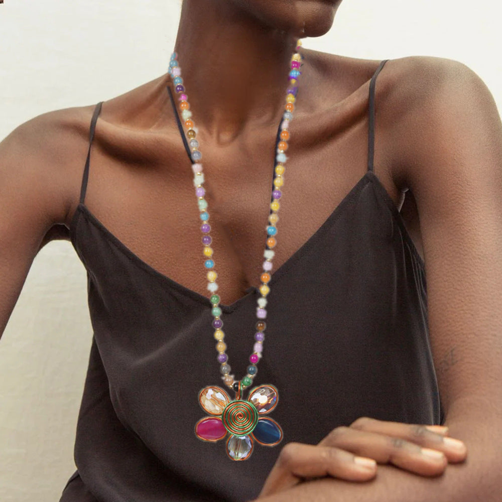 Planderful Savanna Rhythms Necklace – Handmade Glass Bead Flower Pendant