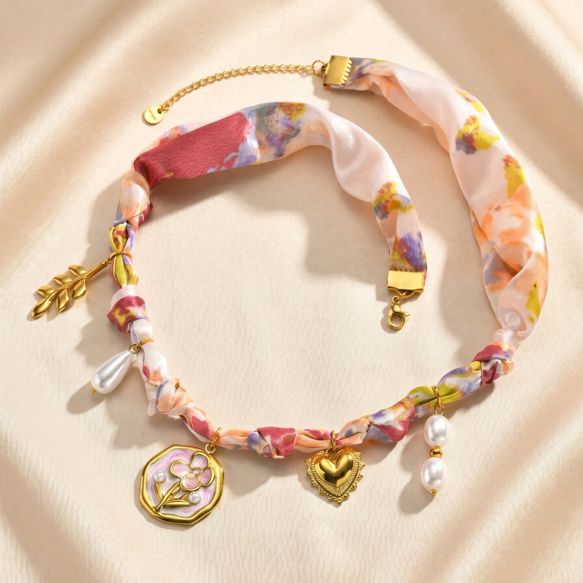 European – American Bohemian Stainless Steel Imitation Pearl Sunflower Printing Silk Necklace