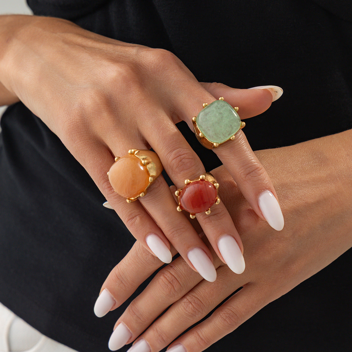 Planderful Vienna Verve Retro Square Smudged Stone Ring Set For Modern Fashion Lovers Bold Statement Jewelry