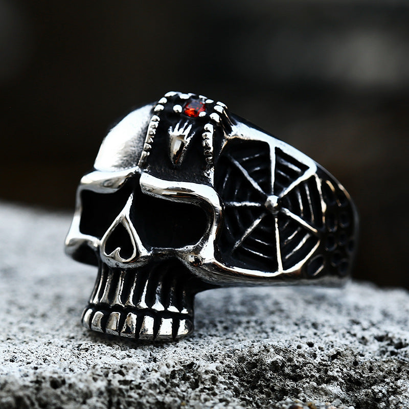 Retro Titanium Steel Skull Ring with Gemstone Inlay for Men