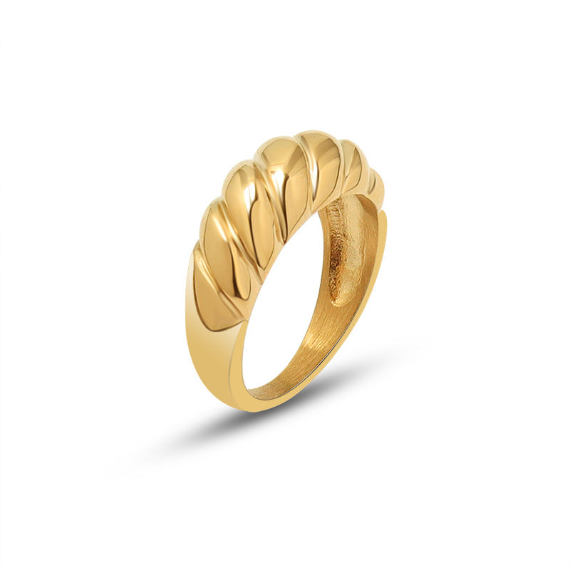 Elegant Titanium Steel Gold Ring with Threaded Surface - Women's Retro Jewelry