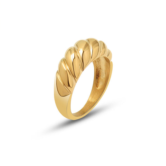 Elegant Titanium Steel Gold Ring with Threaded Surface - Women's Retro Jewelry