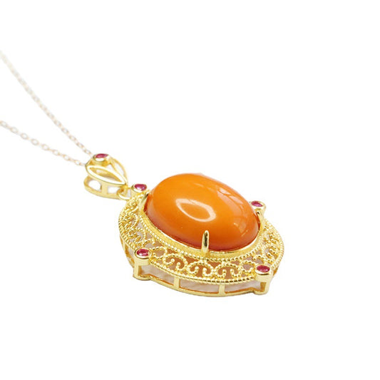 Sterling Silver Beeswax Amber Pendant Hollow Necklace