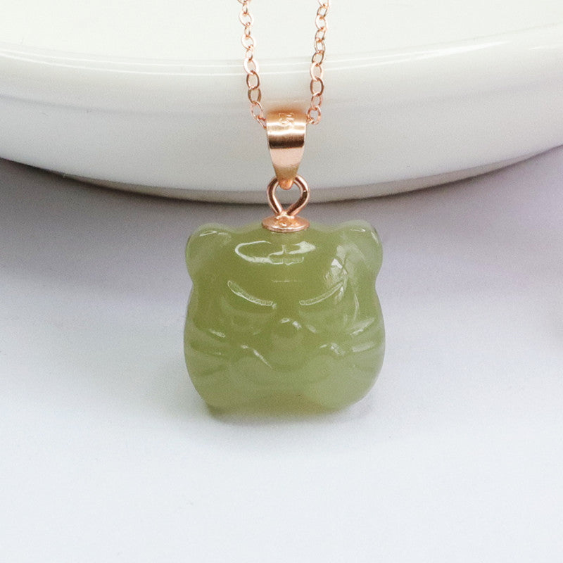925 Sterling Silver Hetian Jade Tiger Head Pendant — No Chain