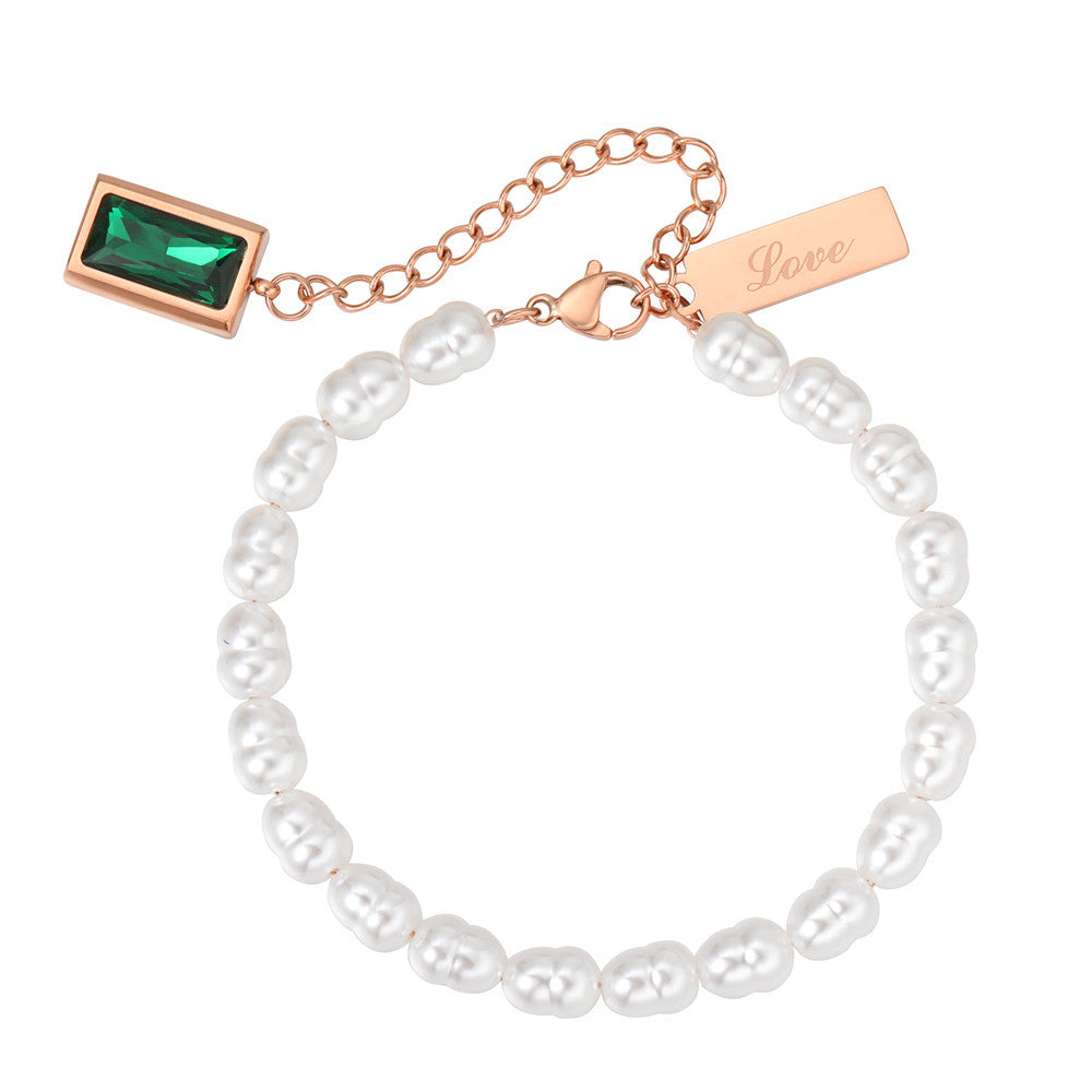 Green Zircon Pearl Bracelet For Women Titanium Steel By Planderful Elegant Statement Jewelry