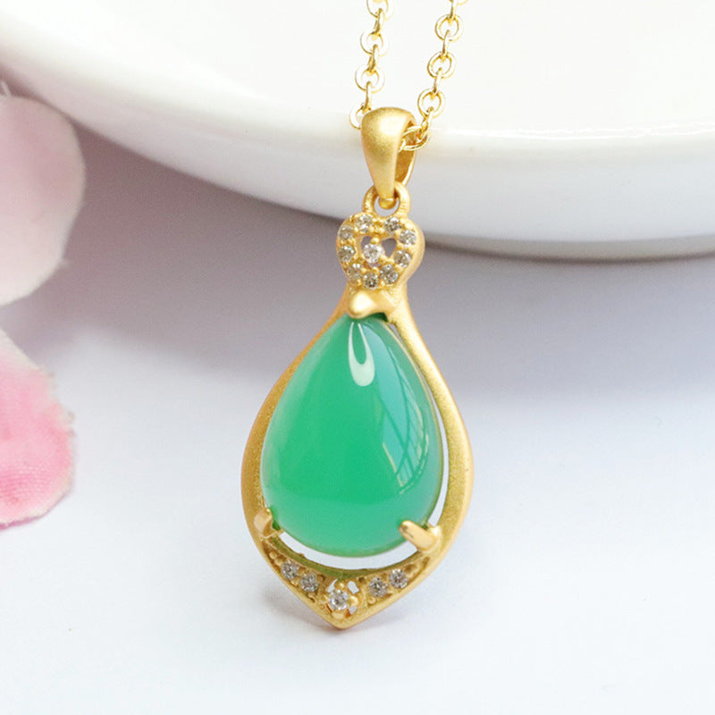 Sterling Silver Necklace with Green Chalcedony Droplet Pendant and Zircon Details
