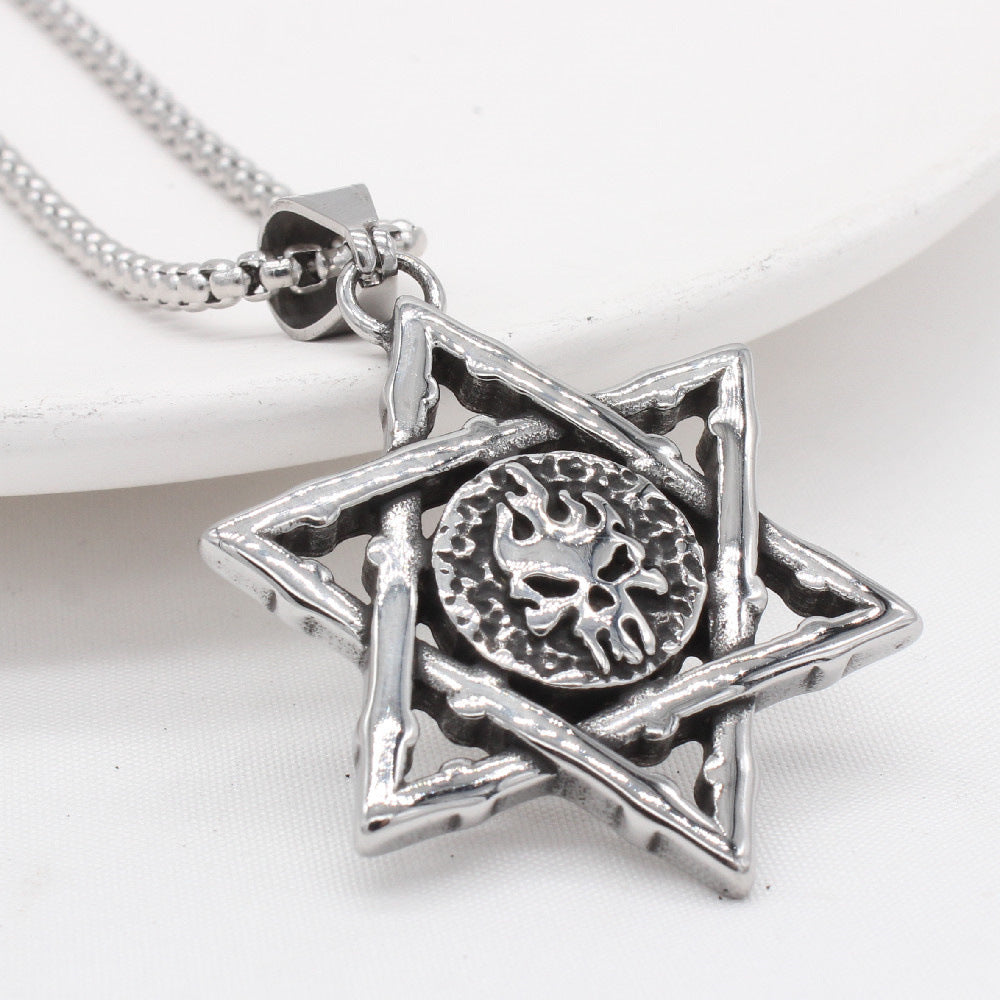 Powerful Planderful Retro Flame Skull Hexagram Titanium Steel Pendant Necklace Unisex Protection