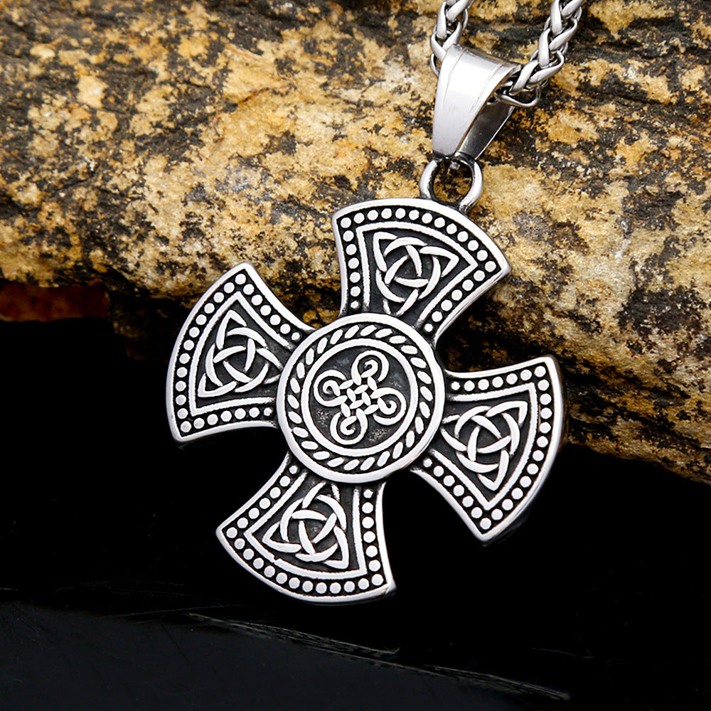 European And American New Titanium Steel Celtic Viking Rune Logo Cross Pendant Men's Hip-Hop Necklace Jewelry Wholesale