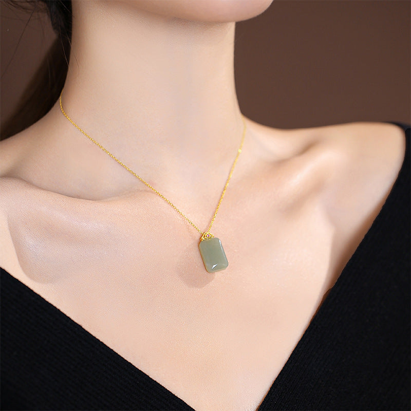 Fortune's Favor Hetian Green Jade Necklace with S925 Silver Pendant