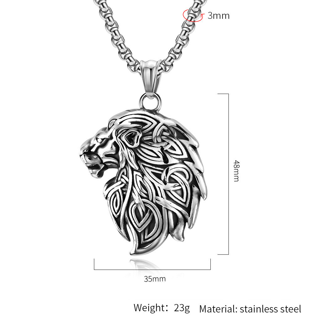Planderful Viking Lion Head Pendant Necklace Durable Steel Triangular Knot Design For Him Bold Nordic Totem