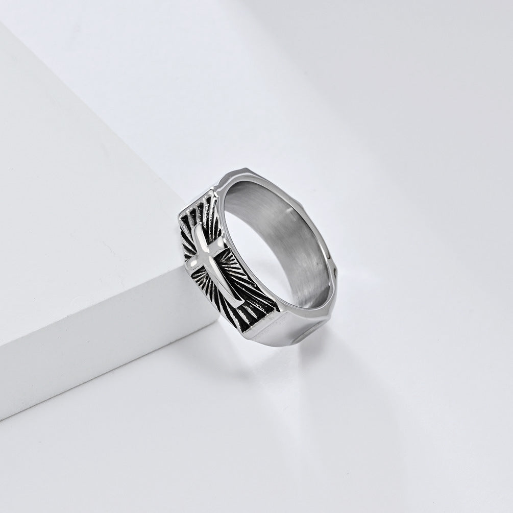 Cross-Border Retro Titanium Steel Cross Ring for Men