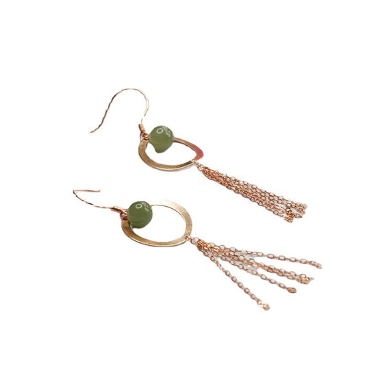 Circular Hollow Tassel Earrings with Sterling Silver and Jade Accents