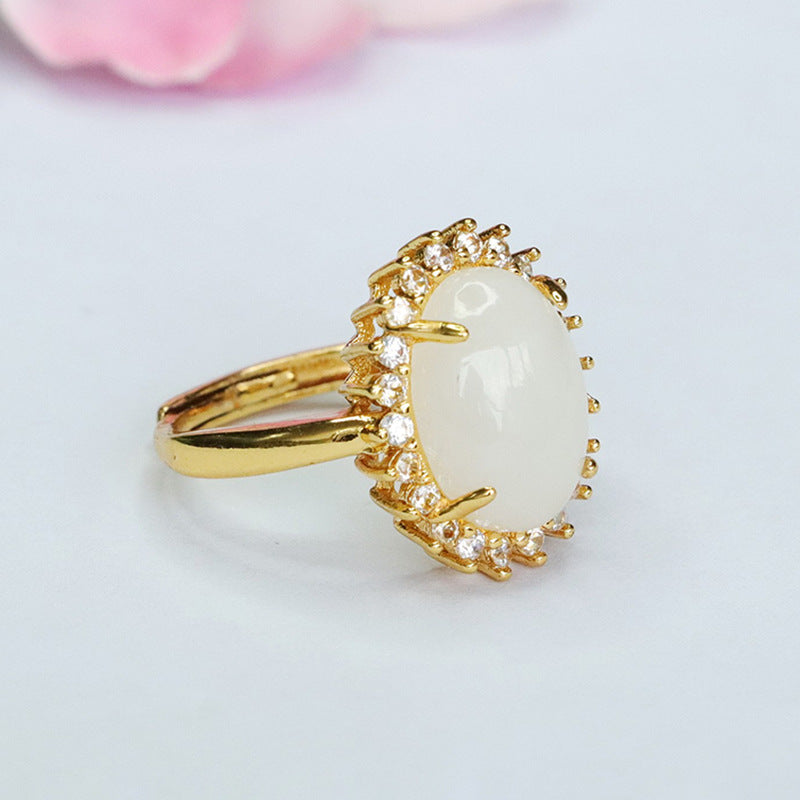 Exquisite Oval White Jade Ring with Zircon Halo