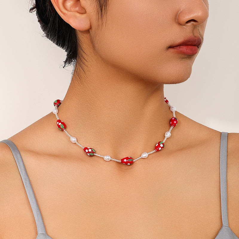Sweet Strawberry Heart Necklace with Pearl Detail
