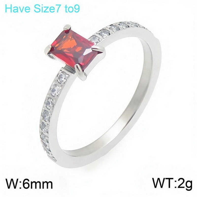 French Four-Claw Rectangle Color Zircon Ring Half Circle Zircon Stainless Steel